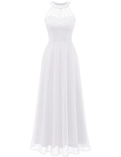 Wedtrend Damen Spitzenkleid Brautjungfer Kleid Lang Chiffon Abendkleid Party Cocktailkleid Neckholder Sommerkleid Weiß...