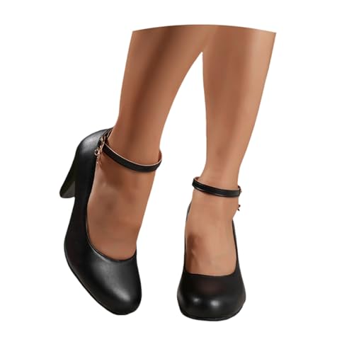 LDXEQIZ Damen Pumps mit Knöchelriemen Round Toe Trachtenschuhe Vintage Dirndl Schuhe mit Blockabsatz Elegant PU-Leder...