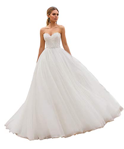 LNNLSS Prinzessin Lang Tüll Hochzeitskleid Vintage Trägerlos Brautkleid a Linie Elegant Brautkleider for Damen, Weiß,...