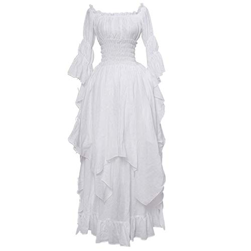 Mittelalterliches Kostüm für Damen Vintage Kleider Einfarbig Tunikakleid Taillenkleid Maxikleid Party Weiß Long...