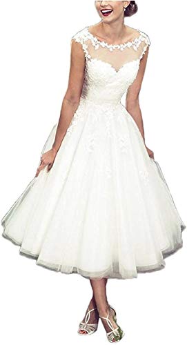 LNNLSS Elegante Kurz Vintage Brautkleid für Braut mit Spitze Ärmellos, Elfenbein, 40