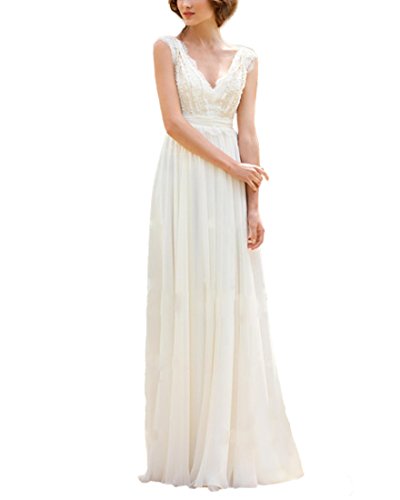 Yyoung Brautkleider Boho Einfarbig Damen V-Ausschnitt Hochzeitskleider Vintage Chiffon Strand Weiß 42