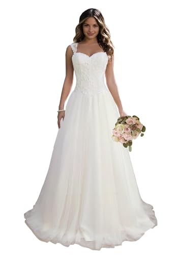 JAEDEN Brautkleid Hochzeitskleider Lang Prinzessin Brautmode Tüll Herzausschnitt A-Linie Weiß 32