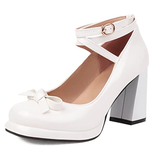 Lizoleor Damen Vintage Runde Zehen Lack Mary Jane Pumps Formal Hohen Blockabsatz Plateau Brautschuhe Bogen Weiß Gr 39...