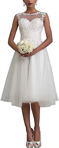 Kurz Brautkleid A-Linie Spitzen Hochzeitskleid Standesamtliche für Damen Vintage Brautmode Hochzeit Partykleid Weiß 36