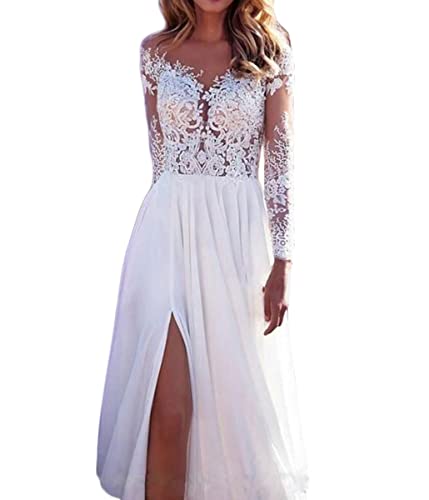 Onsoyours Damen V-Ausschnitt Hochzeitskleider Lang Ärmel Spitze Chiffon Boho Brautkleider Weiß 11 S