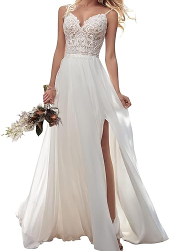 JAEDEN Brautkleider Damen Spaghettiträger Boho Hochzeitskleider Spitze A-Linie Standesamtkleider Elfenbein 38