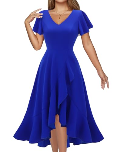 DRESSTELLS Cocktailkleid Damen Elegant Vintage Rockabilly Kleid Blau Knielang Abendkleid V-Ausschnitt Rüschensaum...