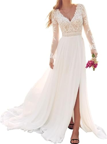 Brautkleid Hochzeitskleid Damen Lang Spitzen Boho Brautkleider Strand Standesamtkleid Langarm A Linie Weiß 48