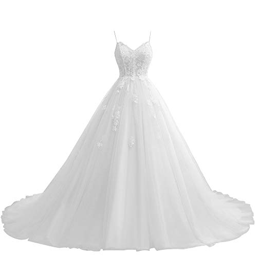 Damen Brautkleider Lang A-Linie Hochzeitskleid Glitzer Brautmode Spitze Vintage Standesamtkleid Prinzessin Weiß 38