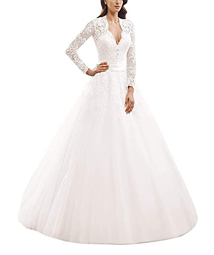 Brautkleid Lang Prinzessin Damen Hochzeitskleider Vintage Spitze Kleid mit Lange Ärmel A-Linie Weiß EUR36