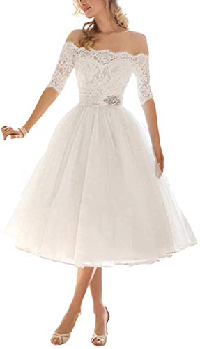 HUINI Brautkleider für Braut Kurze Spitze schulterfrei Strand Brautmode Tüll Brautkleider mit Ärmeln A-Linie Weiß 38