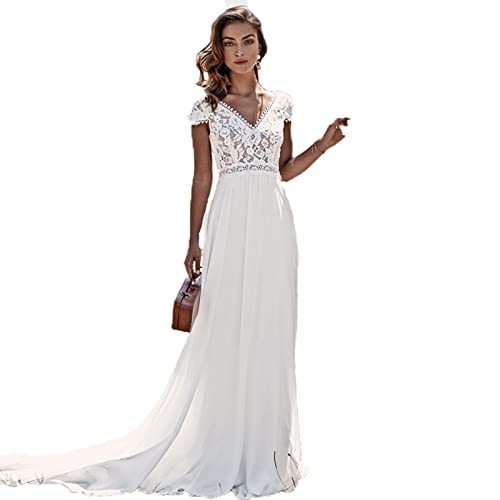 AIYIFUTY Brautkleid, Vintage Brautkleid, A-Linie Brautkleider Spitze Meerjungfrau Kleid,White,8