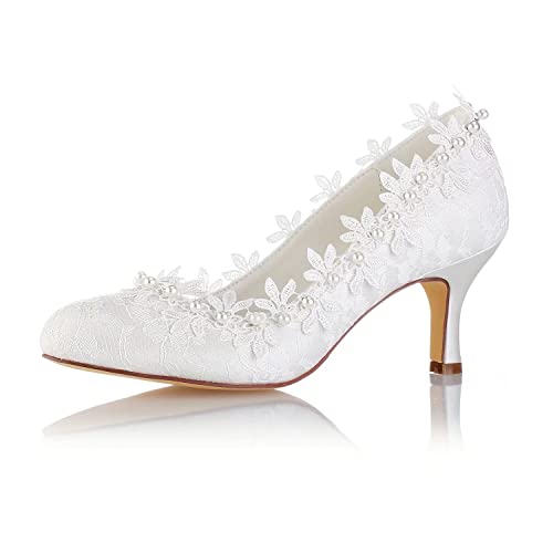 Emily Bridal Vintage Hochzeit Schuhe Elfenbein Round Toe Perlen Blumen Kitten Heel Brautschuhe (EU40, Elfenbein)