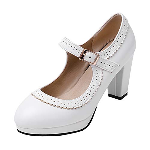 MISSUIT Damen Mary Jane Damenschuhe High Heels Pumps mit Blockabsatz und Riemchen Retro Vintage Schuhe(Weiß,40)