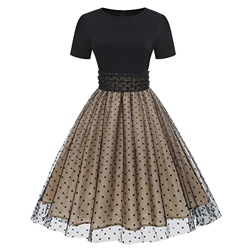 Odizli Rockabilly Kleider Damen 50er Jahre Petticoat Kleid Vintage Elegant Retro Kurzarm Mesh Polka Dot Tüllkleid...