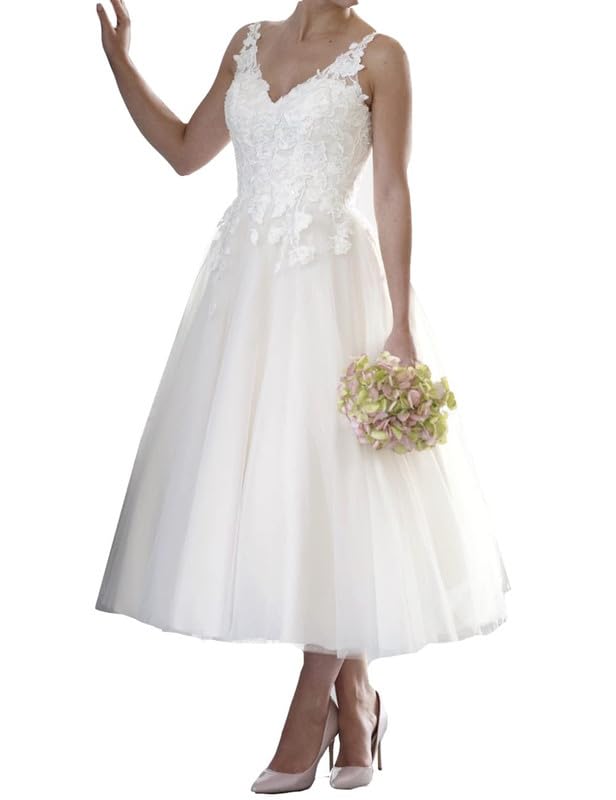 JAEDEN Damen Kurz Brautkleid Vintage Standesamt Hochzeitskleid A-Linie Spitze Brautkleider Ärmellos Elfenbein 50