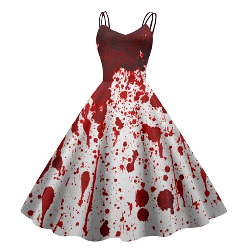 Halloween Kostüm Damen Gruselig Blutige Zombie Braut Horror Elegant Brautkleid Ärmellos Aufdruck Kleid mit Blutigem...