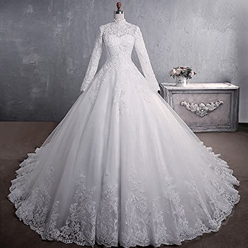 Lange Formale Brautkleider für die Braut,Langarm Brautkleid mit hohem Kragen,Spitzenstickerei, 65 cm Langer Schwanz,...