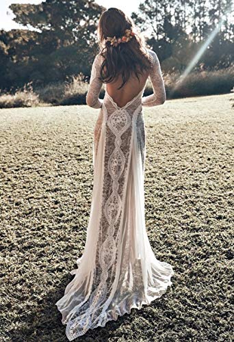 Stilvolle Einfachheit Brautkleid Vintage Lace Backless Boho Beach Stilvolle Einfachheit Brautkleider Langarm Nude Futter...